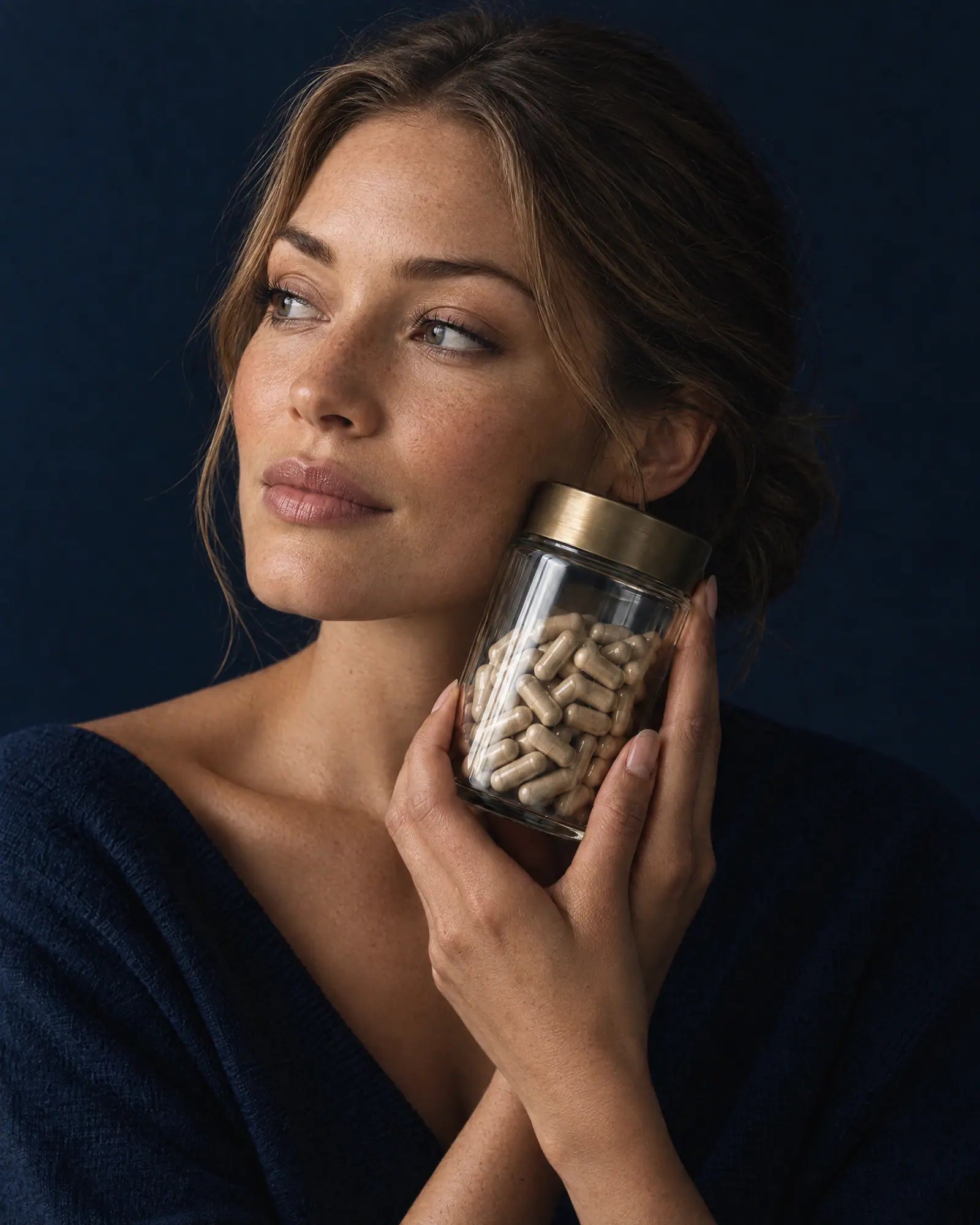 A woman holding a glass jar of supplement capsules against her cheek